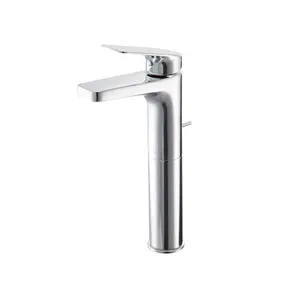 Long Neck Bathroom Faucet Deck Mounted Chrome Finished Single Handle Basin Tap with Pop Up Drainage