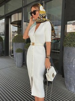 Nouvelle Robe Tricotée Col V Boutonnée Style Français Élégante en Nylon Uni pour le Printemps, Modèle Européen-Américain, Commerce International