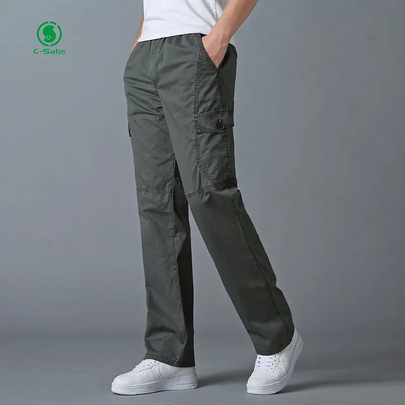 Pantalones Cargo de algodón personalizados al por mayor para hombre primavera otoño ligero ocio deportes al aire libre cremallera mosca bolsillos decorativos medio