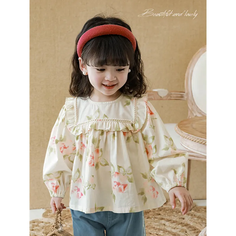 YOEHYAU Blumenmädchen Langarmhemd 100 % Baumwolle Kinderblusen Kinder niedliches süßes Oberteil Bluse-Design für Mädchen