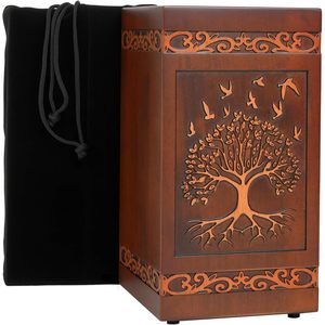 Wooden Cremation Urn Tree Life Birds Floral Patterns Traditional Rectangle Chestnut Color Sympathy <b>Open</b> Base Gravure Print Adult - Product Image 1