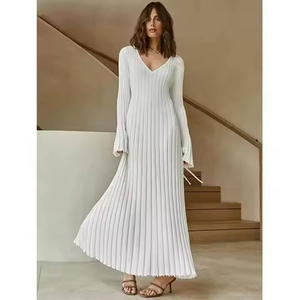 Vestido Casual de Punto para Mujer, Cuello <span class=keywords><strong>en</strong></span> V, Estilo Ribbed, Otoño Invierno 2026, Elegante, Plisado, Línea A, Vestidos Largos Casuales - Product Image 1