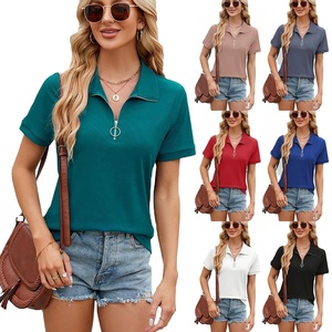 T-shirt Ohsisa 2025 Nouvelle Collection Été Manches Courtes Col Rabattu Fermeture Éclair Couleur Unie Coupe Ample Tendance pour Femme - Product Image 1