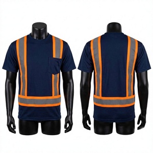 T-shirt de travail premium 220g en coton/fibre de bambou, bleu marine, avec bande réfléchissante orange haute visibilité, uniforme de sécurité anti-UV respirant - Product Image 1