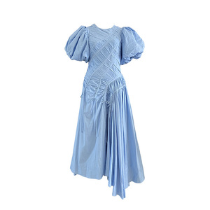 Vestito estivo di alta qualità da donna di nuovo stile elegante francese semplice abito lungo a sbuffo con collo rotondo elegante plissettato elegante abito da festa - Product Image 4