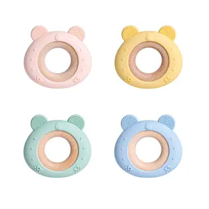 2024 New BPA Free Colorful Animal Shape Baby Chew Toy Teether Wooden Silicone Teething Ring Toys Baby Teether