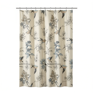 Cortina de Ducha de Algodón Estampada con Diseño Floral y de Aves Vintage, Decoración Clásica para Baño - Product Image 1