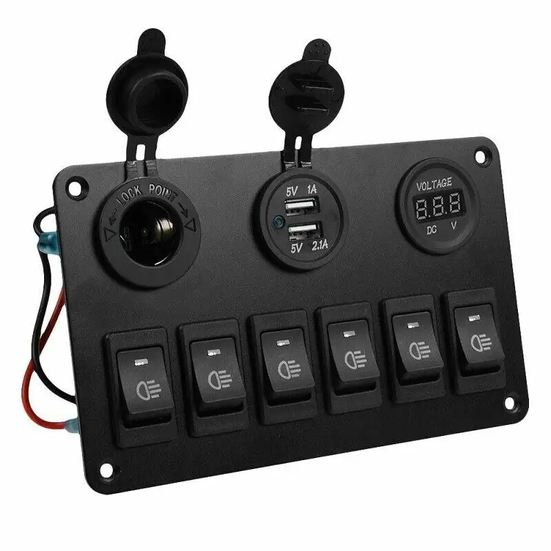 Blue LED 12V 6 Gang Toggle Rocker Switch Panel USB for Car Boat Marine RV Truck