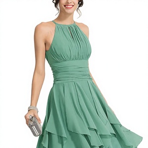 Robes de demoiselle d'honneur en mousseline de soie bleu ciel avec appliques en dentelle, décontractées, grande taille, pour soirée, longueur genou, MBS1 - Product Image 3