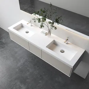 Banyo katı yüzey yapay taş Vanity tezgah altında monte dikdörtgen lavabo çift lavabo ile kabine