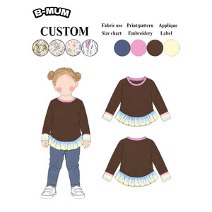 Camiseta de Manga Larga para Niñas Beme OEM de Alta Calidad, Color Azul Jaspeado, Mezclilla Lavada, con Dobladillo con Volantes Degradados y Puños en Contraste - Product Image 2