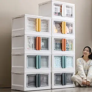 Stackable Kotak Penyimpanan Besar Dapat Dilipat Pintu Ganda Buka Plastik Lipat Mainan Pakaian Kotak Wadah