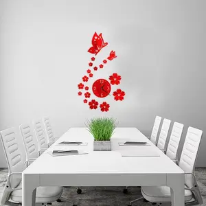 DIY Modern 3D Acrylic Wall Clock Home Office Wall Sticker Watch Interior Decoration Mother Gift Flower Mirror Wall Clock