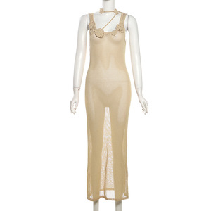 Gaun Maxi Rajut Wanita Warna Solid, Pakaian Pantai Seksi, Model Bungkus, Kasual Musim Panas - Product Image 4