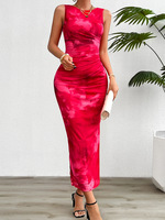 Robe élégante mi-longue pour femme 2026, col rond, dégradé de couleurs, en polyester, coupe ajustée, idéale pour l'été, les soirées et le bureau