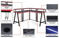 Escritorio para Juegos en Forma de L AJUNION, Estructura de Acero, Superficie de Fibra de Carbono, con Luces LED y Estante Elevado para Monitor