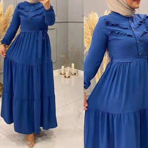 <span class=keywords><strong>Robe</strong></span> <span class=keywords><strong>Longue</strong></span> HANO d'Automne Dernier Cri Couleur Unie à Volants pour Femme, Élégante Tunique Musulmane à Manches Longues avec Ceinture, Robes Longues Multicolores - Product Image 3