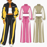 Ensemble de survêtement 2 pièces pour femme en coton épais Y2K avec logo personnalisé, veste courte zippée color block et pantalon large style streetwear