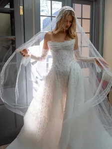 Sparkling Draped Neckline Zipper or Lace up of Back Pearls Sleeves Lace <strong>Basque</strong> Waist Wedding <strong>Dress</strong> - Product Image 2