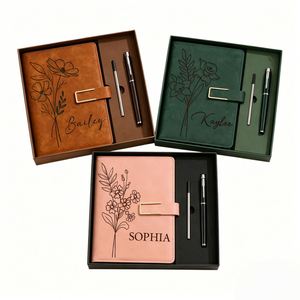 Ensemble de Journaux en Cuir Faits Main de Luxe Personnalisés, Stylo Signature Gravé au Laser avec Fleur de Naissance, Cadeaux Souvenirs Promotionnels pour la Promotion de la Classe 2026 - Product Image 2