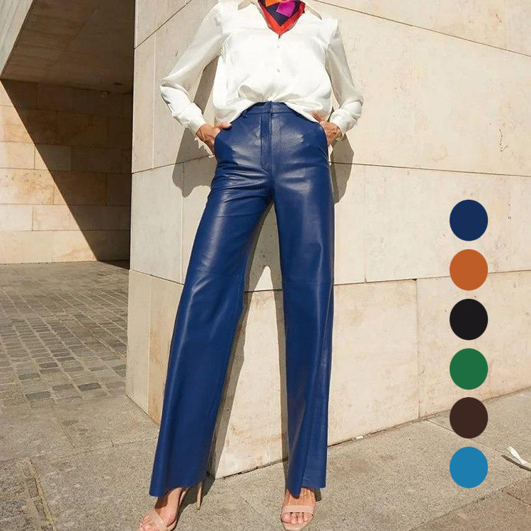 Enyami High Street Blue Pu Leather Women's Pants Formal Elegant Office Business Casual High Waist Straight Trousers Ladies 