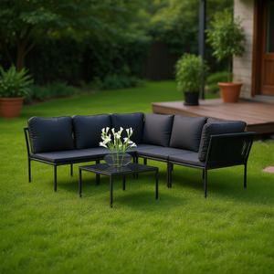 Ensemble de salon de jardin noir en métal avec coussins imperméables, canapé d'extérieur au design élégant pour usage extérieur - Product Image 2