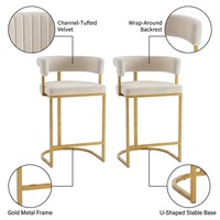 Chaise de bar de luxe en métal doré, dossier capitonné enveloppant, base en U, tabouret de comptoir pour îlot de cuisine et salle à manger