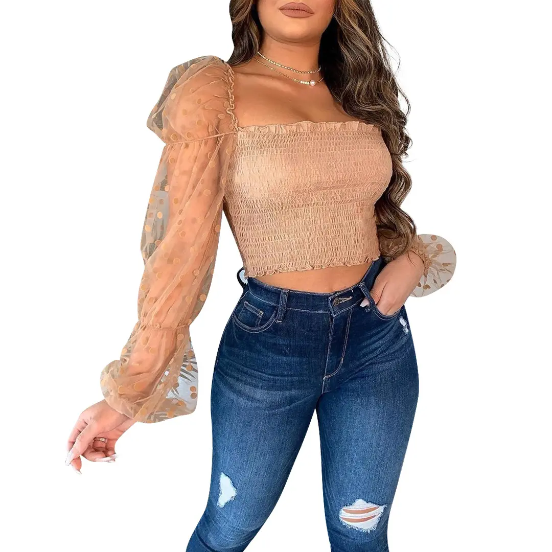 Top transparente de encaje con mangas abullonadas para mujer, ropa de diseño de lujo con cuello de barco, blusa Sexy a la moda para discoteca, Top para fiesta