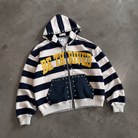 Sudadera con capucha y cremallera a rayas con logo personalizado para hombre, estilo oversize, bordado de chenilla, con tachuelas, estilo streetwear, fabricante mayorista