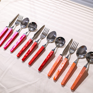 <b>Acrylic</b> Cutlery Set Stainless Steel Red Handle Soup Spoon Dessert Fork Butter Knife Simple Style Kitchen Utensils - Product Image 1
