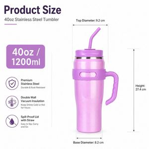 Vaso Térmico de Acero Inoxidable de 40 oz con Logotipo Personalizado, Aislado al Vacío, con Asa y Pajita, Taza de Viaje Portátil para Auto, Oficina y Aire Libre - Product Image 2