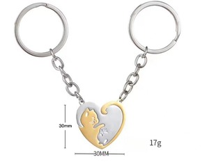 Llavero de acero inoxidable con diseño de gatos abrazados y corazón partido, a juego para parejas, accesorio colgante para llaves, regalo artesanal - Product Image 2