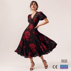 Robe Midi Femme en Viscose Naturelle Automne Coupe Évasée à Manches Bouffantes Imprimé Floral Rose Tango Élégance Romantique Argentin Vente en Gros - Product Image 1