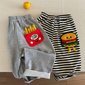 Tongxingyuan Childrens Long Pants Autumn Cotton Knitted Casual Pants Boys Striped Solid Color French Fry Hamburger Design - Product Image 2