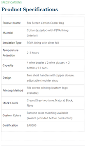 Sac isotherme pour vin en PEVA, capacité 4 bouteilles, extérieur en coton bicolore, bandoulière réglable - Product Image 4