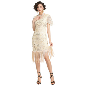 Cocktail Skirt 1920s Vintage <b>Sequined</b> Tassel V-Neck Sheath Evening Gown Natural Waistline S-4XL - Product Image 4
