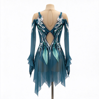 Robe de patinage artistique vert turquoise pour enfants et adultes, à épaules dénudées, manches longues en maille, dos orné de feuilles en strass, pour compétition et spectacle de patinage sur glace