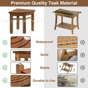 Solid Wood <b>Bathroom</b> <b>Stool</b> With Storage Basket Minimalist Design For Shower Or Shaving - Product Image 2