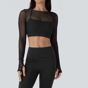 Nouveau populaire licou dos nu à manches longues trou de pouce contraste maille 2-en-1 recadrée Yoga haut de sport avec coussinets amovibles <span class=keywords><strong>soutien</strong></span>-<span class=keywords><strong>gorge</strong></span> - Product Image 1