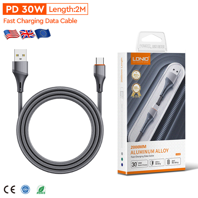 LDNIO LS632 30W Charger Cable for Mobile Phone Fast Charging Data Communication Cable 2 Meter USB Type C Cables