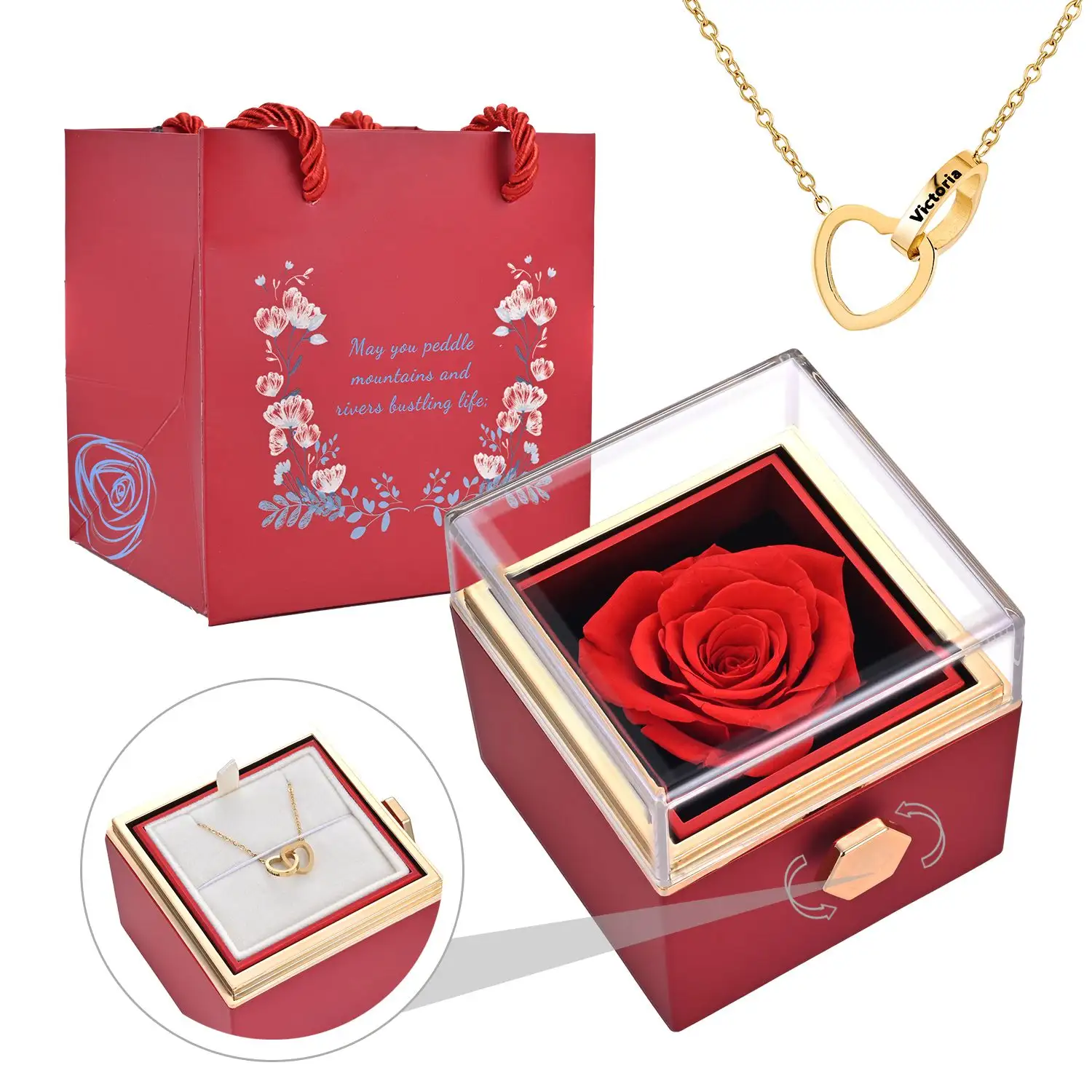 हॉट सेल महिलाओं के लिए उत्कीर्ण इंटरलॉकिंग हार्ट नेकलेस शाश्वत गुलाब नेकलेस के साथ उपहार के लिए स्टेनलेस स्टील पेंडेंट चेन नेकलेस