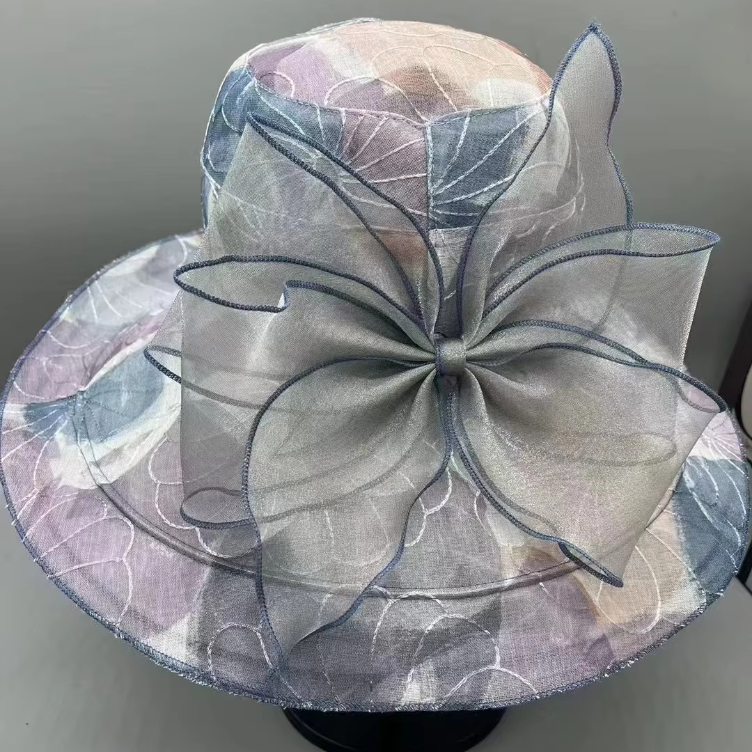 Women Organza Bucket Fishing Sun Hat High Quality Designer Summer Wide Brim Bucket Hats Big Bow Formal Hats for Church Party