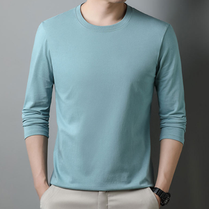 T-shirt décontracté pour homme d'été, col rond, haut à manches longues uni simple - Product Image 3