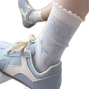 Cute <b>Bow</b> Pattern Crew Socks For Women Breathable Mid Calf Style Youth Fashion Socks With Sweat Absorbing Feature - Product Image 4