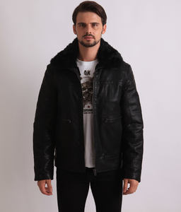 แจ็คเก็ตผู้ชายหนังสีดำมีซิปด้านหน้าสไตล์คลาสสิก - Product Image 1