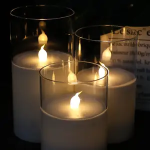 Velas de vidrio gris que funcionan con pilas con temporizador y control remoto de 10 teclas LED sin llama Luz cálida de cera real