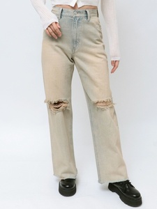 Jeans Vintage Effetto Invecchiato per Ragazze, Vita Media, Strappi al Ginocchio, Vestibilità Casual, Beige Chiaro, Taglio Dritto per Donne - Product Image 2