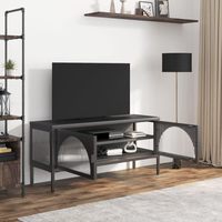 Meuble TV moderne et simple en verre noir et acier avec étagères de rangement ouvertes, design de porte cintrée, personnalisable, pour salon