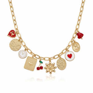 EDGE Collier Vintage Charmant Multi-Pendentifs, Chaîne Cœur Fleur Cerise Pièce de Monnaie, Collier Statement Y2K, Bijoux Tendance Femme - Product Image 2