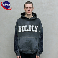 QZFSO Sweat-shirt à capuche pour homme en coton délavé à l'acide, logo brodé personnalisé, 400 g/m², avec strass, style Hip Hop, imprimé graphique